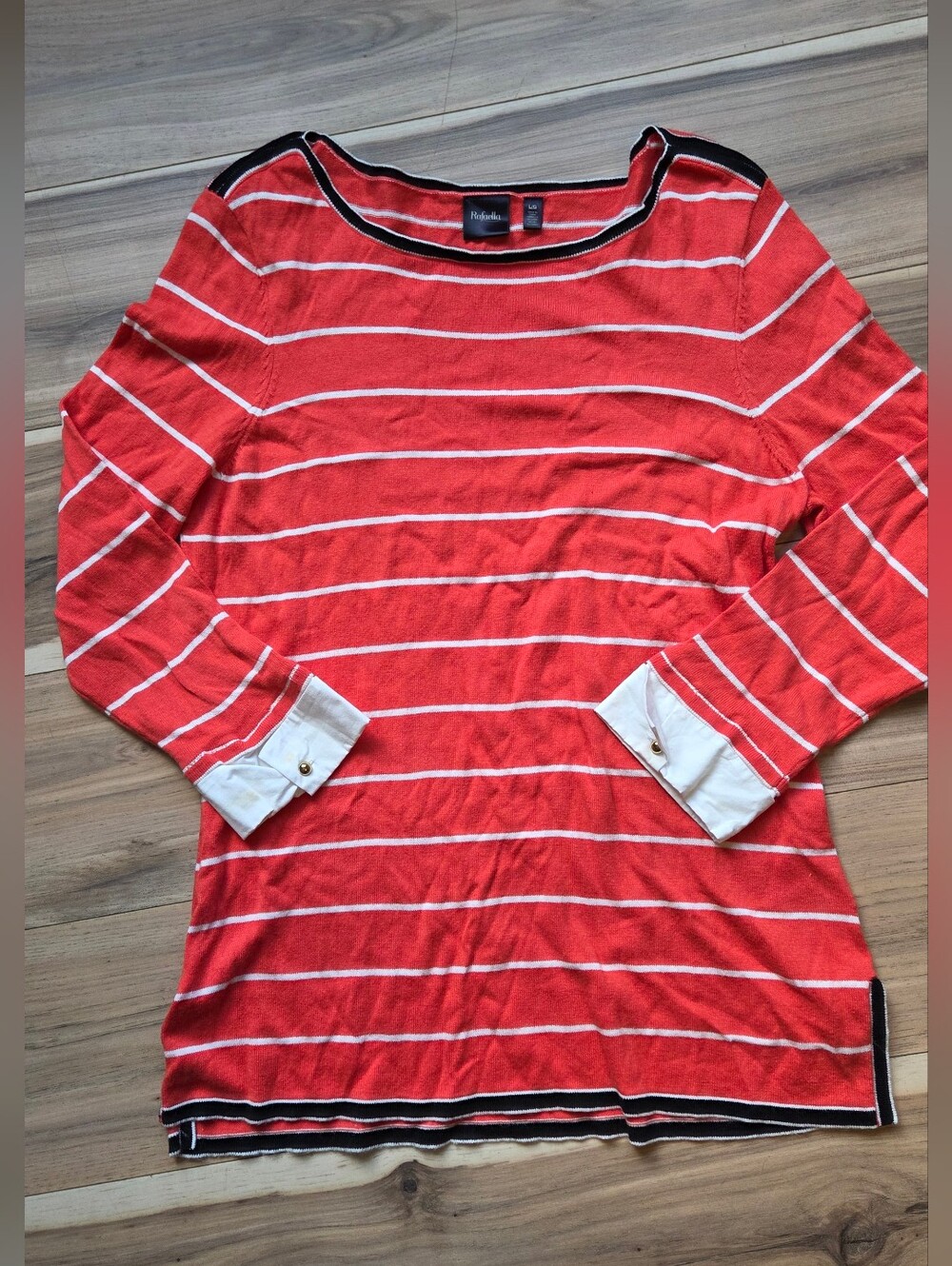 Rafaella Red White Striped Sweater Knit Top Gold Button Cuffs Size L